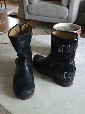 Frye Black Leather Buckle Ankle Boots